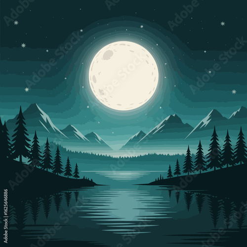 A picturesque scene featuring a luminous full moon over rugged mountains, reflecting beautifully on the calm lake, embodying tranquility and serene wilderness.