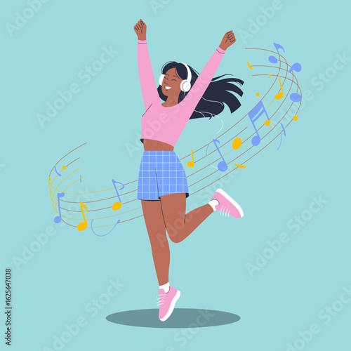 An exuberant illustration of a girl celebrating life through dance while wearing headphones, surrounded by cheerful musical notes, showcasing the emotion of happiness.
