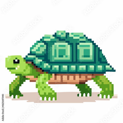 Pixelated tortoise illustration with its vibrant green shell and distinctive squared patterns