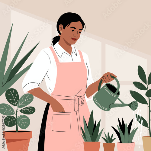 A skilled gardener in a pink apron hydrates her vibrant plants, reflecting her dedication to nurturing life within a stylish indoor garden space filled with natural light.
