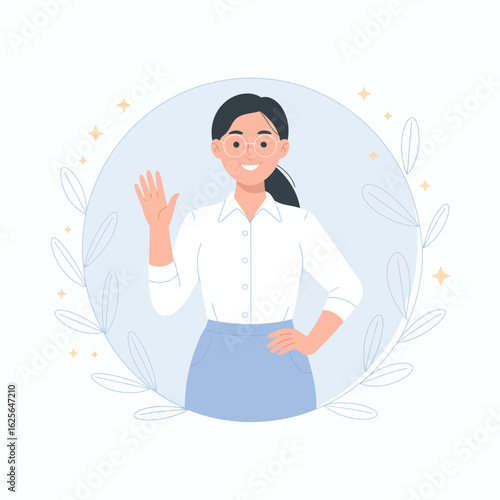 A stylish young woman in a blue dress waves goodbye with a confident smile, surrounded by decorative leaves, epitomizing an upbeat and friendly aura in a pleasant atmosphere.