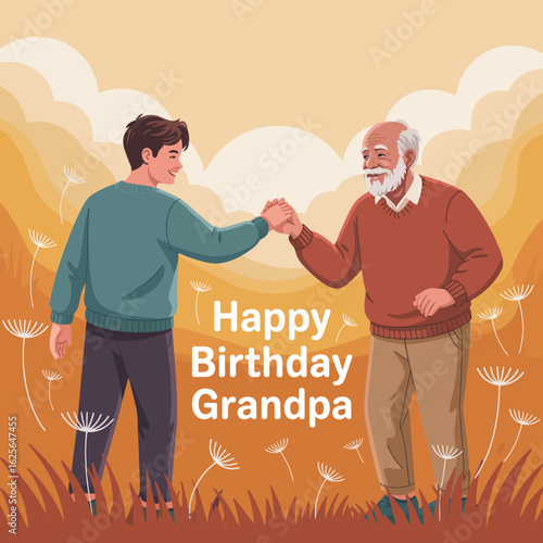 A heartwarming image where a grandson wishes his grandpa a happy birthday, highlighting their joyous connection in a colorful outdoor setting.