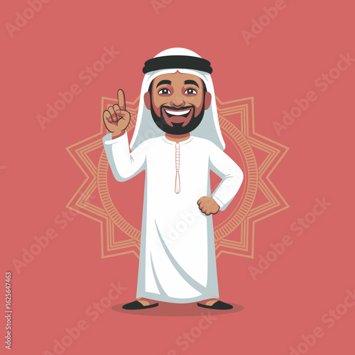 This illustration depicts a cheerful man in traditional dress raising his hand, symbolizing enthusiasm and engagement. His friendly expression radiates positivity and liveliness.
