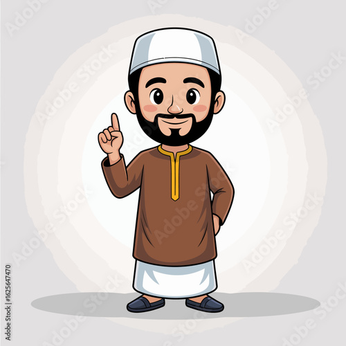 A friendly man dressed in a brown traditional outfit holds up his finger, symbolizing a moment of inspiration and thoughtful engagement in a warm and inviting setting.