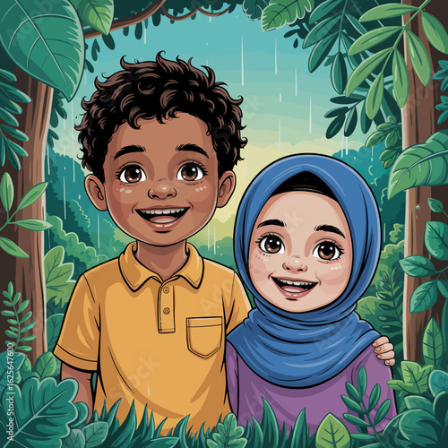 Two children standing happily together in the rain, surrounded by greenery, showcasing joy and the innocence of childhood in a playful and vivid atmosphere.