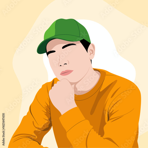 This artistic rendering shows a young man wearing a green cap and orange shirt, thoughtfully resting his chin on his hand, embodying a spirit of contemplation in a cozy setting.