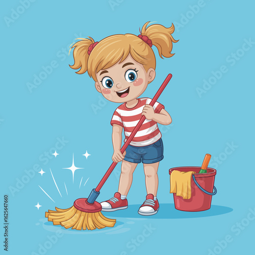 An energetic young girl happily mops the floor with a beaming smile, exhibiting her playful spirit while being involved in a household chore.