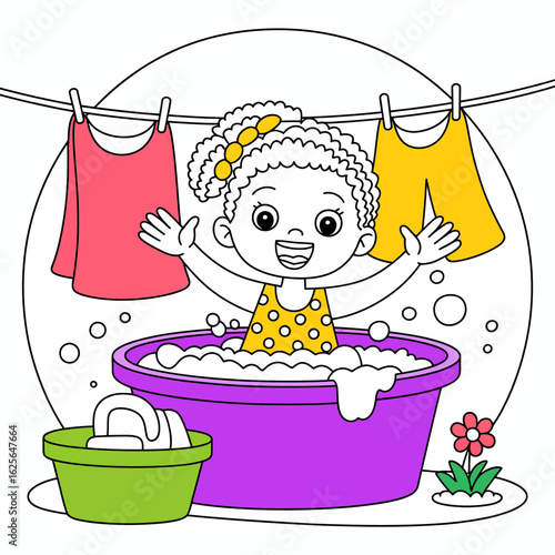 The image depicts a joyful child in a bubbly bath surrounded by hanging laundry, emphasizing the playful and carefree nature of children during bath time.