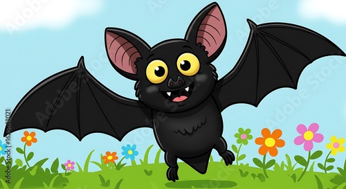Friendly bat flying over meadow