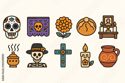 Día de Muertos Coloring Icons, Flat Vector Set of Mexican Traditions