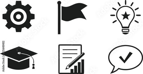 Education and Progress Icons – Black Flat Vector Set