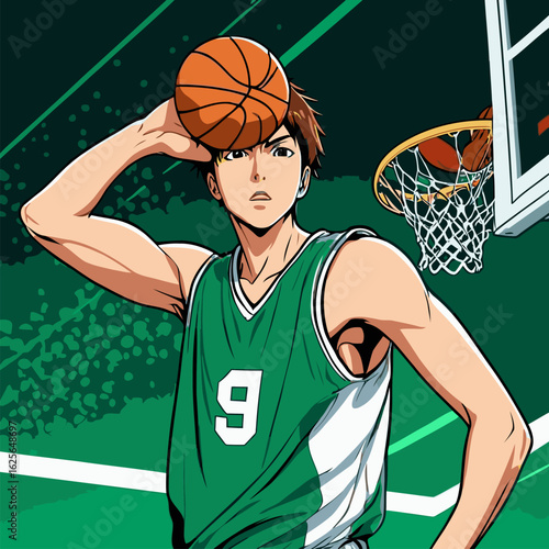 cartoon anime vector illustration playing basketball