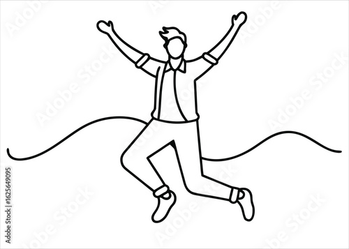 Joyful man expressing exuberance through a single continuous artistic line drawing capturing movement and emotion