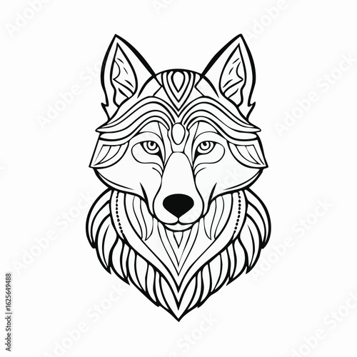 Detailed Wolf Head Illustration in Black and White for Coloring Book or Tattoo Design