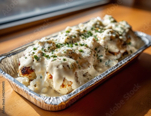 Creamy, cheesy dish in foil pan