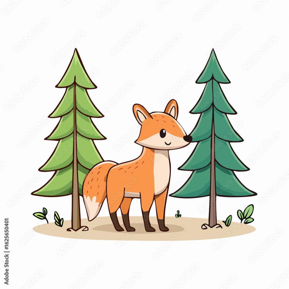 Naklejka premium Charming fox illustration amidst lush green trees, a whimsical forest scene for children