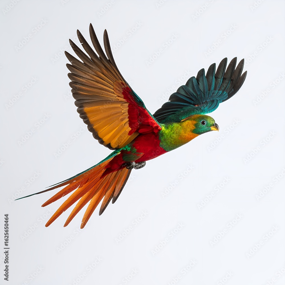 Fototapeta premium Vibrant king parrot soaring gracefully in mid-air, detailed plumage on white background
