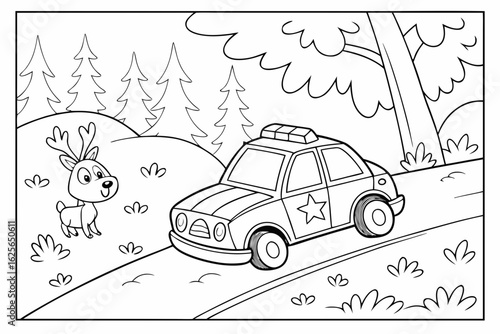 Vector Cartoon funny Police Car, funny image in the forest, Coloring book page for children. Line Art isolated on white background