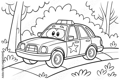 Vector Cartoon funny Police Car, funny image in the forest, Coloring book page for children. Line Art isolated on white background