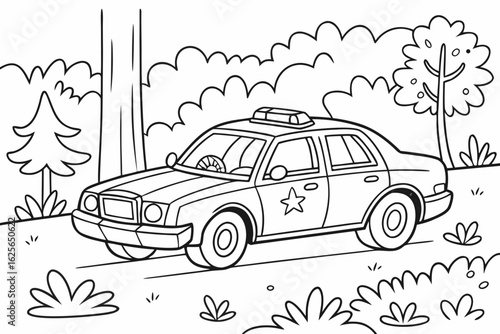 Vector Cartoon funny Police Car, funny image in the forest, Coloring book page for children. Line Art isolated on white background