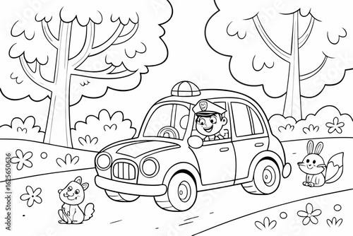 Vector Cartoon funny Police Car, funny image in the forest, Coloring book page for children. Line Art isolated on white background
