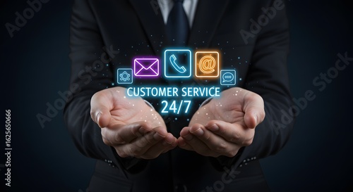 24/7 Customer Service Support: Businessman Holding Digital Icons