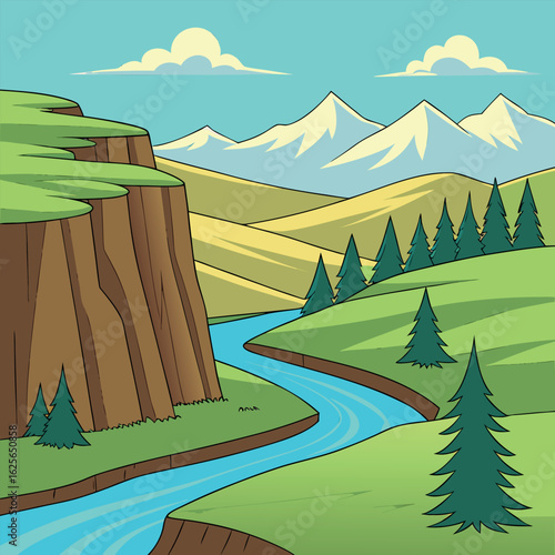 Scenic mountain river flows past grassy hills and tall cliffs under cloudy skies