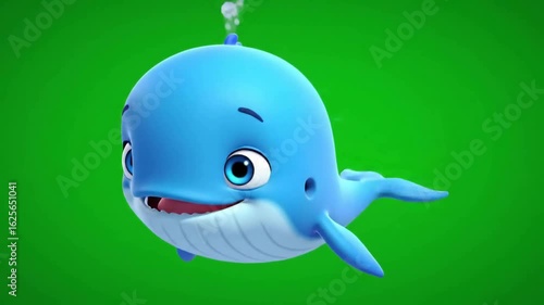 Cartoon blue whale swimming playfully against a vibrant green background with bubbles