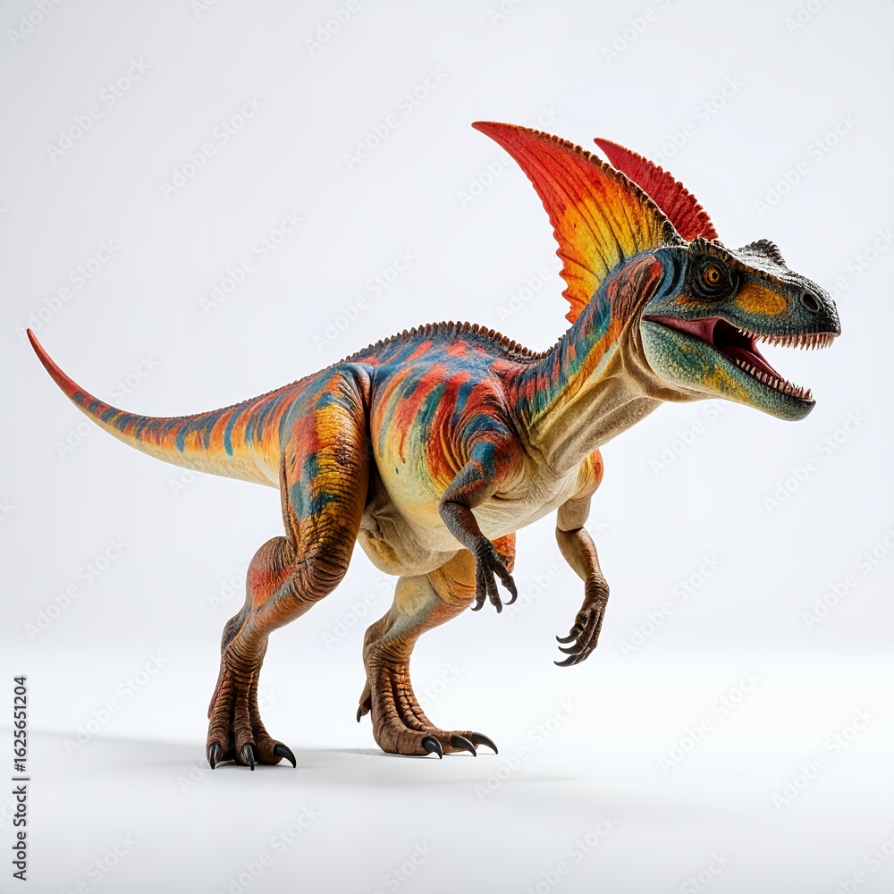 Fototapeta premium Vibrant dinosaur figurine exhibiting prehistoric allure and artistic flair on white background