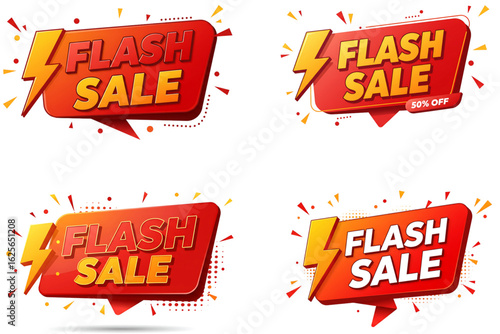 Four red and yellow "Flash Sale" promotional badges with lightning effects, isolated on white background for urgent sales and limited-time offers