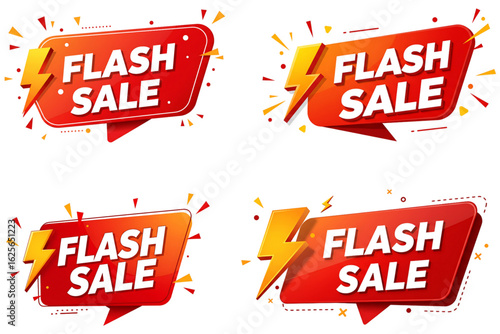 Four red and yellow "Flash Sale" promotional badges with lightning effects, isolated on white background for urgent sales and limited-time offers