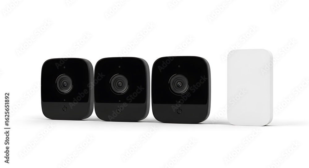 Obraz premium Wireless Security Camera System with Three Black Cameras and White Base Station