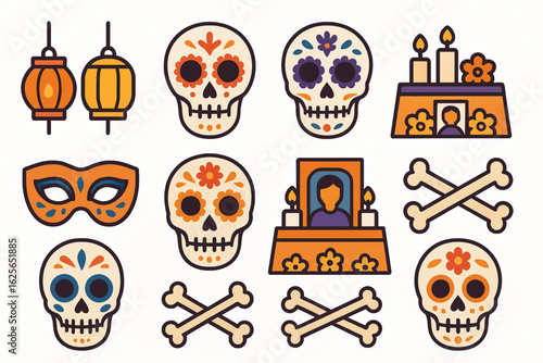 Día de Muertos Festive Objects Coloring Icons, Flat Vector Set