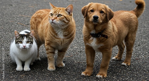 Fototapeta Naklejka Na Ścianę i Meble -  Two small dogs walking on street