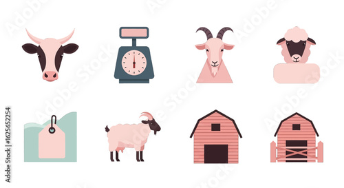 Farm animal icons, including cow, goat, sheep, scale, and barn, in a flat design style.