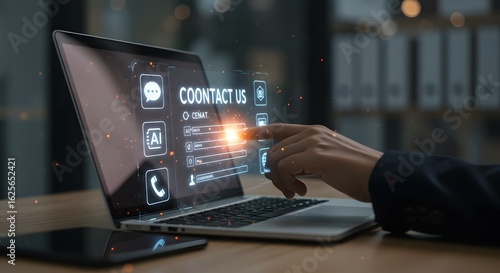 Contact Us Online: Futuristic Laptop Interface with AI Chatbot and Customer Support