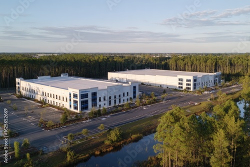 Aerial view of two modern industrial buildings