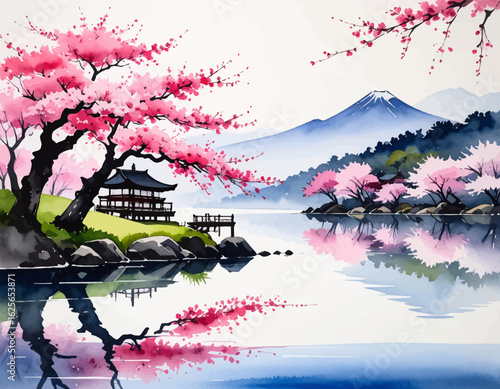 Cherry blossoms with Mount Fuji and a tranquil lake. Scenic view of Sakura trees and Japanese architecture. Mount Fuji behind peaceful lake. Japanese spring scenery with cherry blossoms and lake