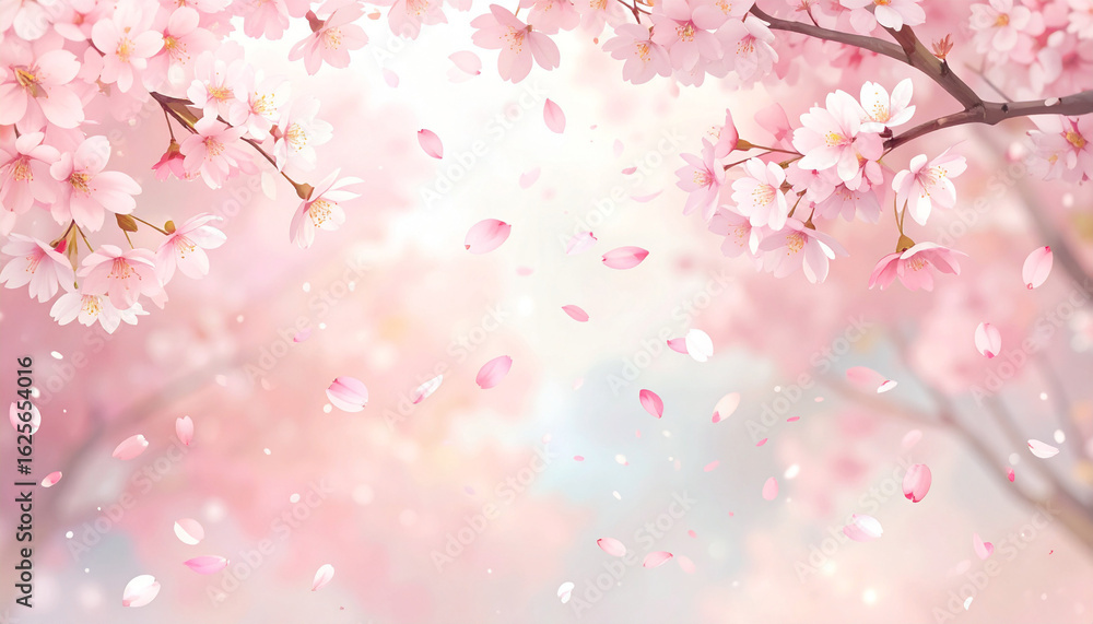Fototapeta premium Cherry blossom petals floating on pink background