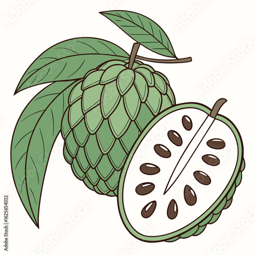 Fresh soursop fruit with green leaves displays with a cut slice revealing dark seeds against a white background