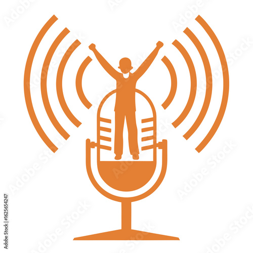 Orange silhouette of a person standing within a retro microphone with broadcasting waves, transparent background