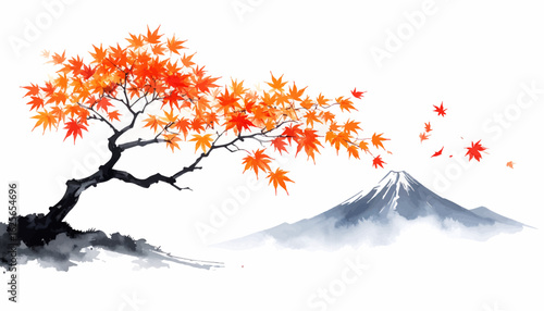 Autumn leaves with Mt. Fuji in Japanese style. Japanese maple tree with vibrant red leaves. Japanese art with colorful autumn foliage. Tranquil Japanese fall landscape with Mt. Fuji