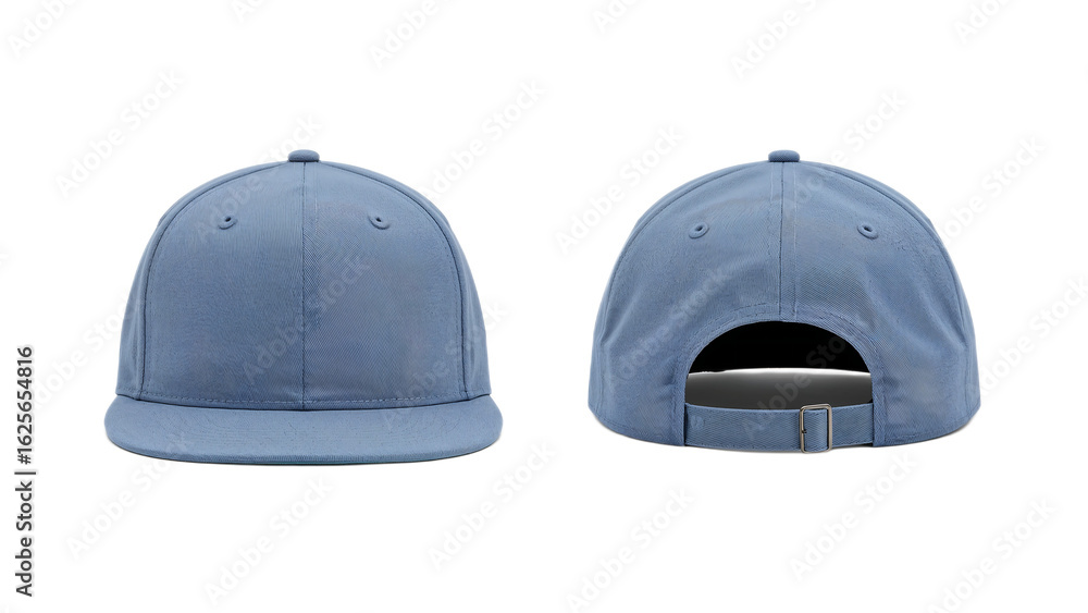 Fototapeta premium A plain light-blue baseball cap shown from both front and back views on a white background.