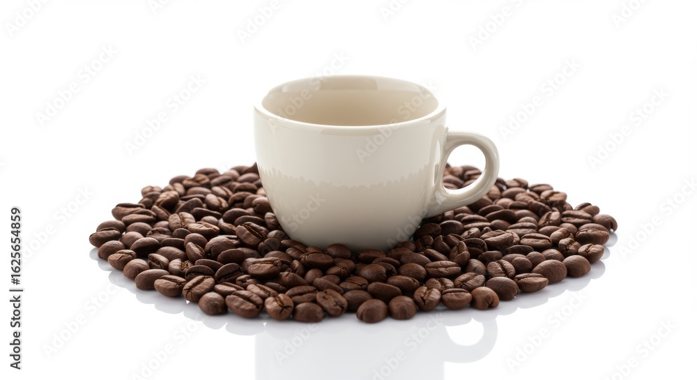 Fototapeta premium Elegant coffee cup resting on fresh roasted beans a minimalist and inviting caffeine indulgence on white
