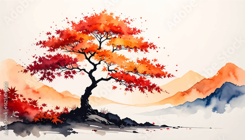 Artistic depiction of red maple tree and mountain. Peaceful autumn scenery with Japanese maple. Elegant watercolor painting of autumn leaves. Red maple tree and Mt. Fuji in Japanese art style.