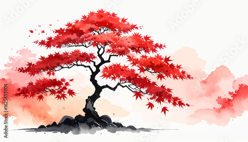 Vibrant watercolor of a falling leaf tree in autumn. watercolor painting of a tree with fiery red leaves. Gorgeous autumn tree with red and orange leaves. Bright fall leaves cascading from the tree.