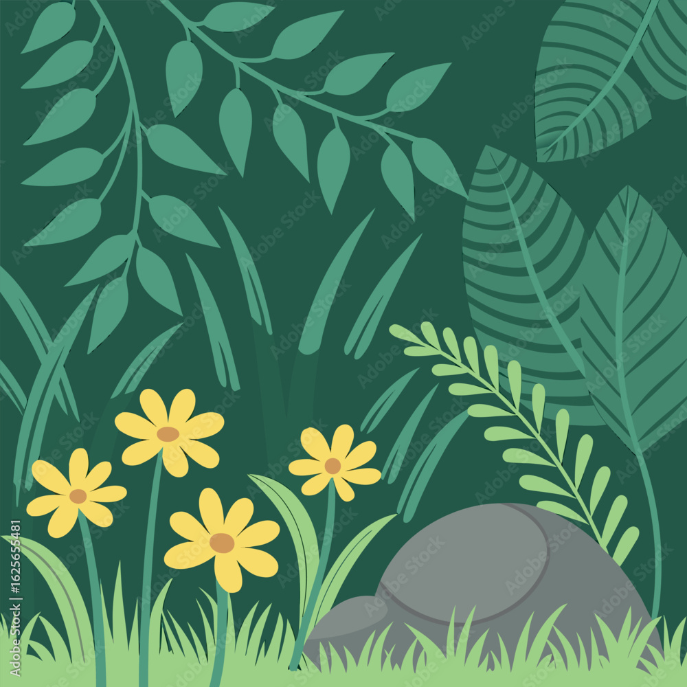 Fototapeta premium A flat shows green foliage, yellow flowers, and a gray stone