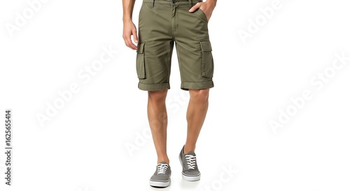 Man wearing green cargo shorts isolated on white background