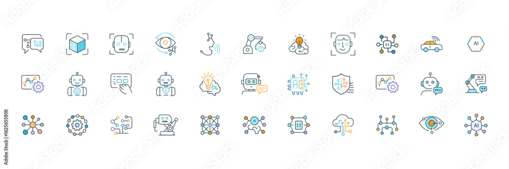Fototapeta premium Artificial Intelligence editable thin line icons. AI technology vector graphic elements. Machine learning, autonomous and generative digital tech, algorithms