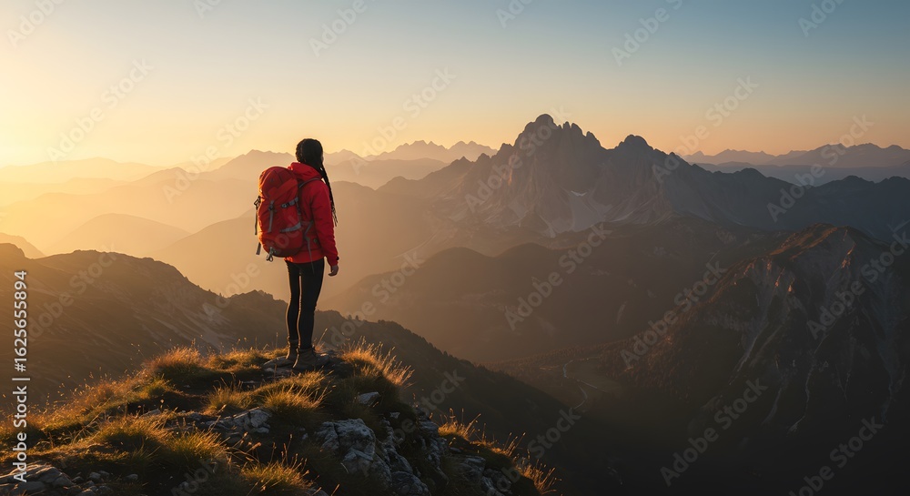 Fototapeta premium Woman hiker contemplates a breathtaking sunrise over majestic mountain ranges.